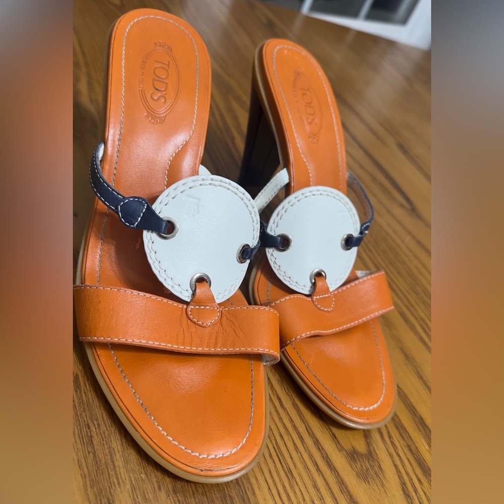 Tod's Orange and navy blue Heeled Sandals size 7 (shoe3)